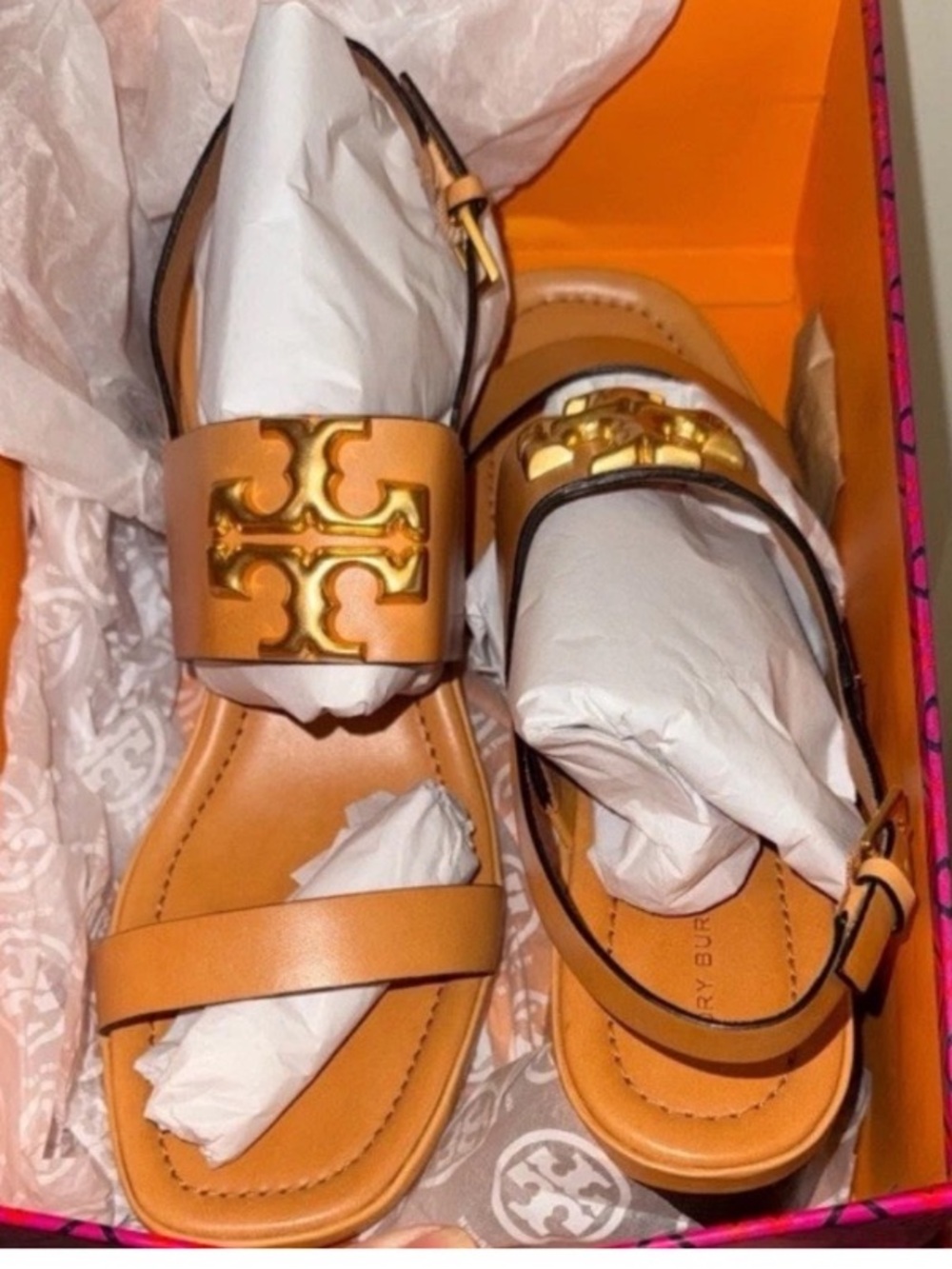 NWB Tory Burch Tan Leather Sandals with Gold Logo Accent size11